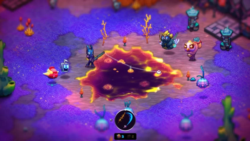 Игрок с удочкой рыбачит в кислотном озере на фоне подозрительных наблюдателей