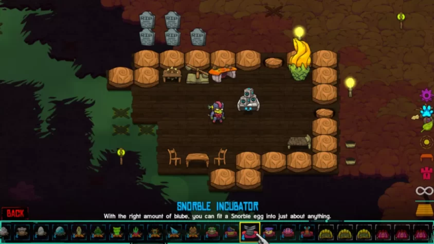 Интерфейс игры Crashlands с инкубатором Снорблов и деревенскими постройками