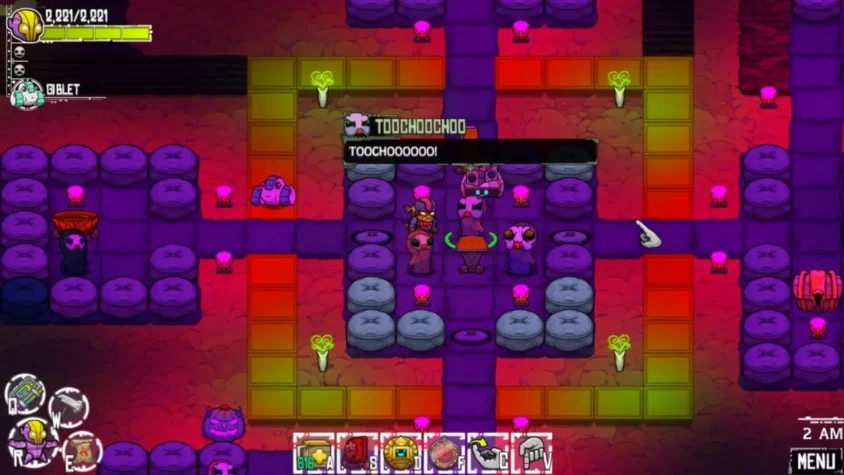 Интерфейс игры Crashlands с яркими цветами и странными существами, кричащими TOOOCHOOOO!