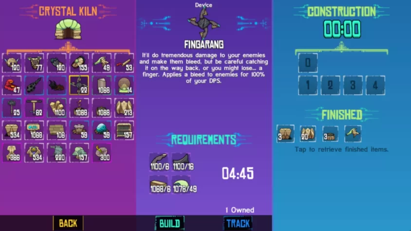 Интерфейс игры Crashlands с устройством Fingarang, требующим материалов для строительства