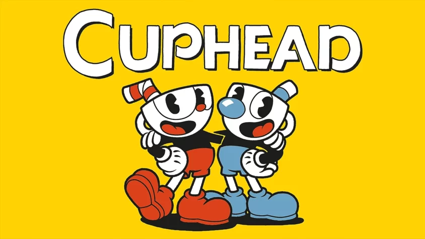 Обложка игры Cuphead с персонажами в виде чашек, обнимающимися на фоне ярко-желтого цвета