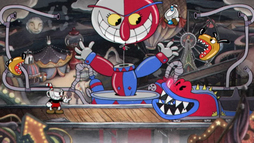 Персонажи Cuphead сражаются с гигантским злым клоуном и его пушистыми помощниками в цирковом антураже
