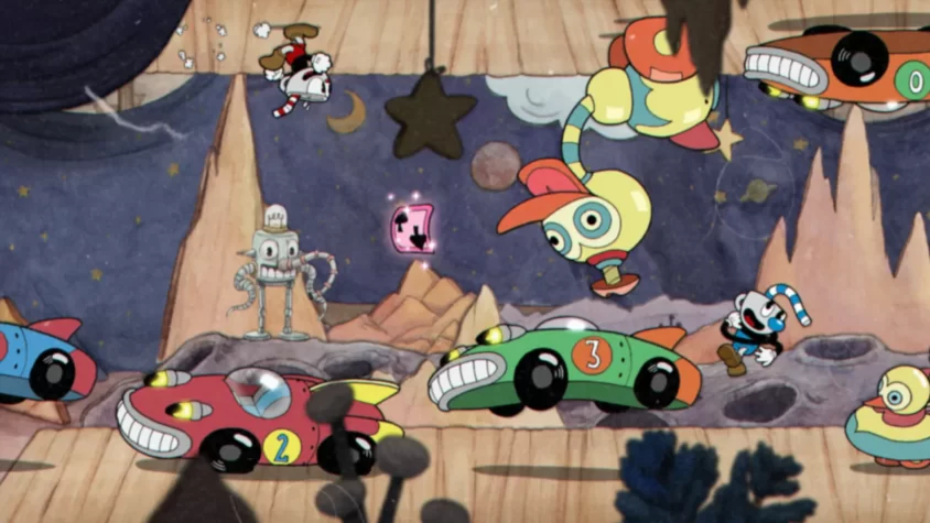 Персонажи Cuphead участвуют в космической гонке с различными причудливыми транспортными средствами и роботом