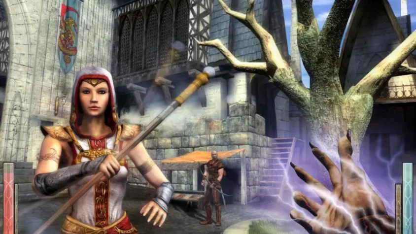 Маг в Dark Messiah of Might and Magic применяет заклинание в битве с нежитью