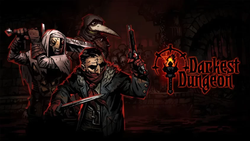 Обложка игры Darkest Dungeon Обложка игры Darkest Dungeon, на которой изображены герои с оружием на фоне темных подземелий