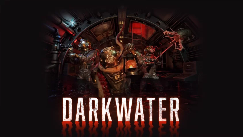 Darkwater: Обложка Обложка игры Darkwater, с погружёнными в тёмные воды дайверами, готовыми к борьбе с непонятным ужасом