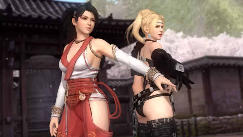 Две героини на фоне японского храма, готовые к бою в Dead or Alive 5