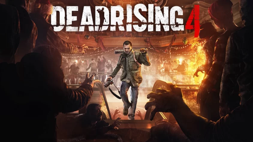 Обложка игры Dead Rising 4, главный герой против орды зомби в праздничной атмосфере