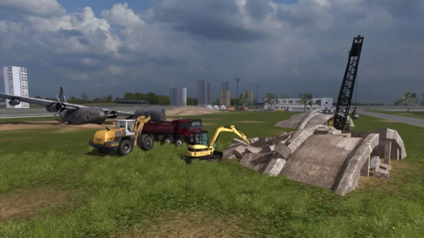 Грузовик, экскаватор и кран на разрушенной площадке в игре Demolition Company