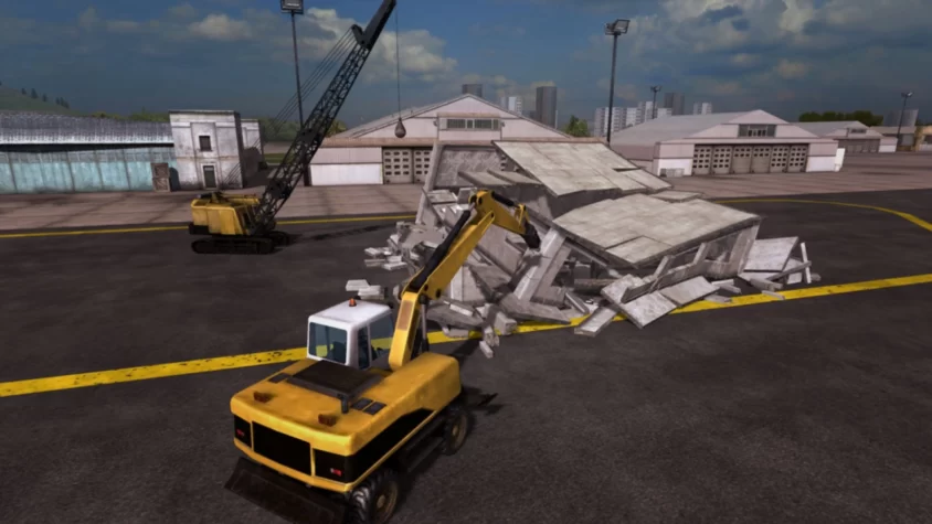 Кран и экскаватор на разрушенной строительной площадке в игре Demolition Company