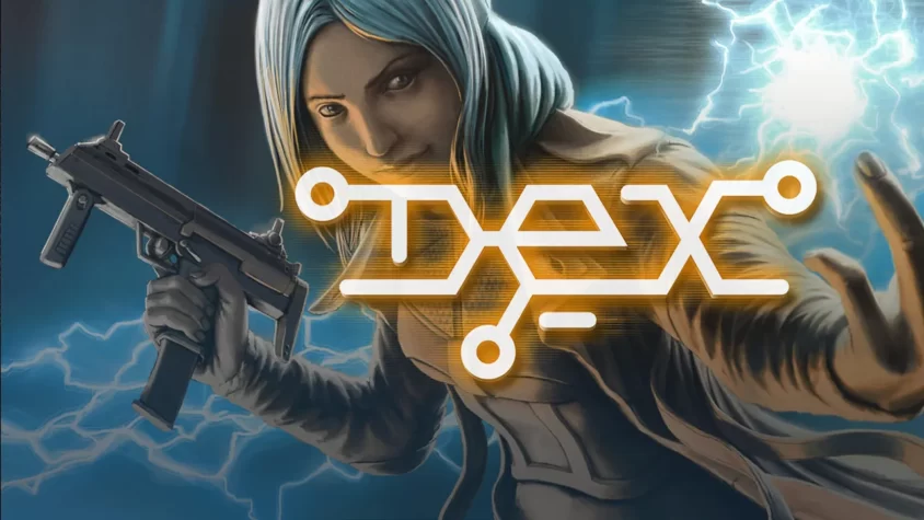 Обложка игры Dex Обложка игры Dex, киберпанковый мир и вооруженная героиня с фоном молний