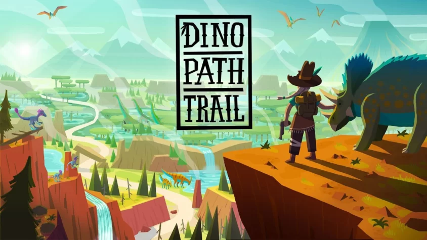 Обложка игры Dino Path Trail, где персонаж в шляпе стоит рядом с динозавром, смотря на зелёный мир, полный различных динозавров
