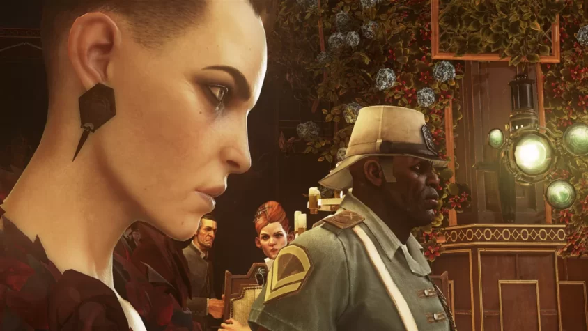 Персонажи игры Dishonored 2 на фоне роскошного интерьера, где каждый выглядит как будто бы задумался о своём месте в этом мире