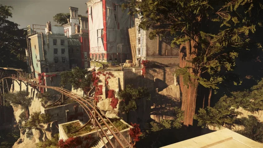 Город в Dishonored 2 с разрушенными зданиями и рельсами, проходящими сквозь разрушенную местность
