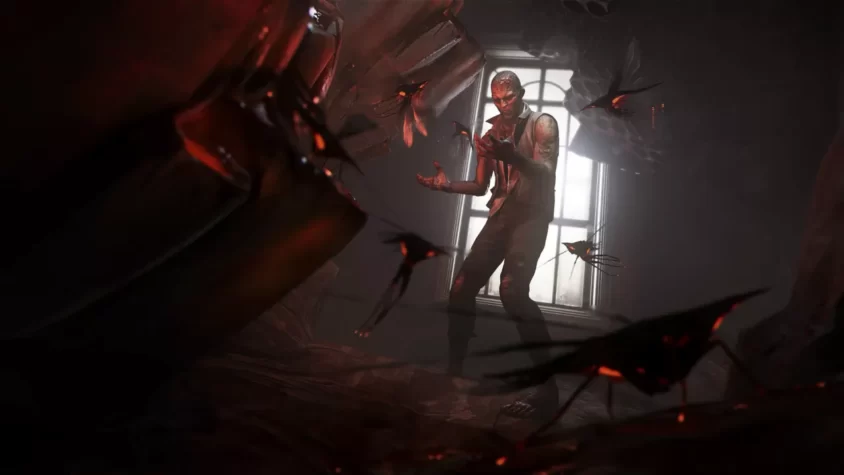 Персонаж в Dishonored 2 использует силу, окружённый мрак и летящими существами с кровавыми глазами