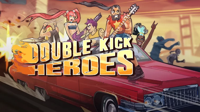 Обложка игры Double Kick Heroes Обложка игры Double Kick Heroes с героями, катящимися на красной машине и играющими на гитарах
