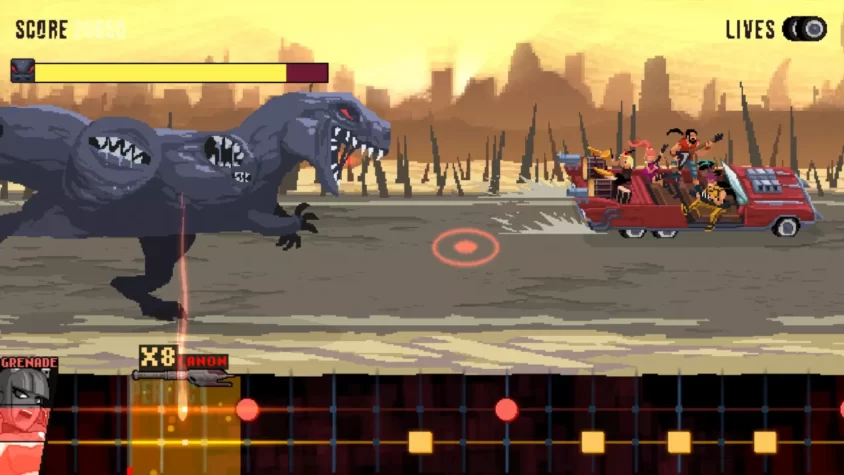 Геймплей Double Kick Heroes: герои на машине сражаются с гигантским монстром