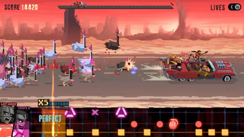 Геймплей Double Kick Heroes: герои сражаются с армией страусов на машине