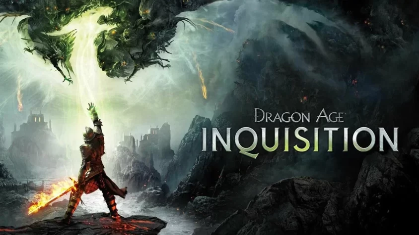 Dragon Age: Inquisition — Обложка игры Главный герой в доспехах с мечом в руке, сражается с монстрами в мире, охваченном разрушением