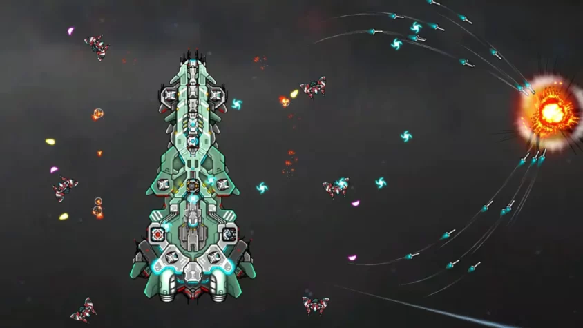 Космический корабль Dreadnought в бою с множеством атакующих врагов и ярким взрывом