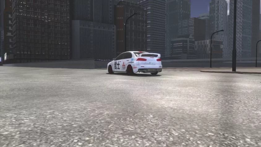 Гоночный автомобиль на фоне города в Drift City Underground, дрифт на каждом повороте