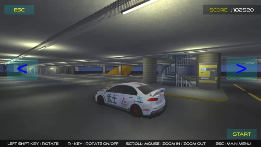 Гоночный автомобиль на парковке в Drift City Underground, с интерфейсом и подсказками