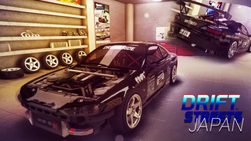Гараж с чёрным дрифт-каром в Drift Streets Japan, подготовка к гонке