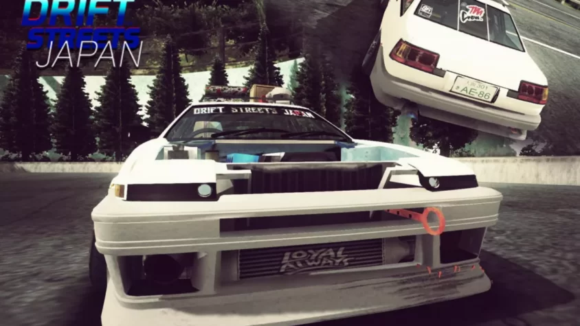 Белый дрифт-кар Toyota AE86 в Drift Streets Japan на извилистой дороге