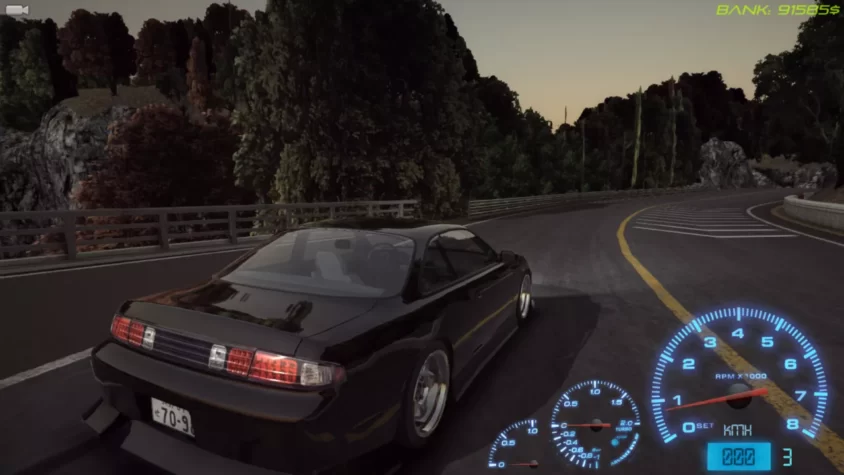 Чёрный дрифт-кар на повороте в Drift Streets Japan с показателями на экране