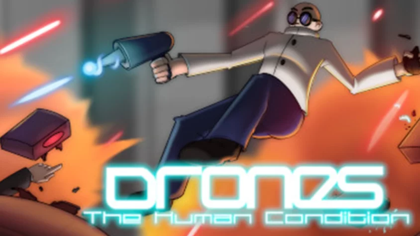 Обложка игры Drones: The Human Condition, с персонажем, который летит в воздухе, стреляя из пистолета