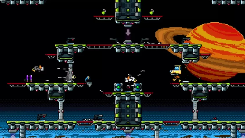 Арена сражений в Duck Game на фоне Сатурна