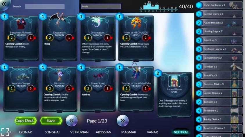 Экран колоды в Duelyst GG, выбор карт