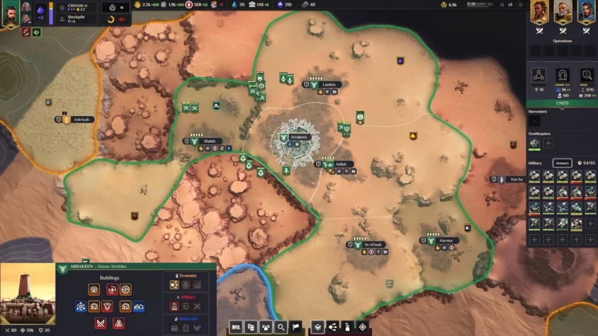 Геймплей Dune: Spice Wars — управление территорией на планете Арракис
