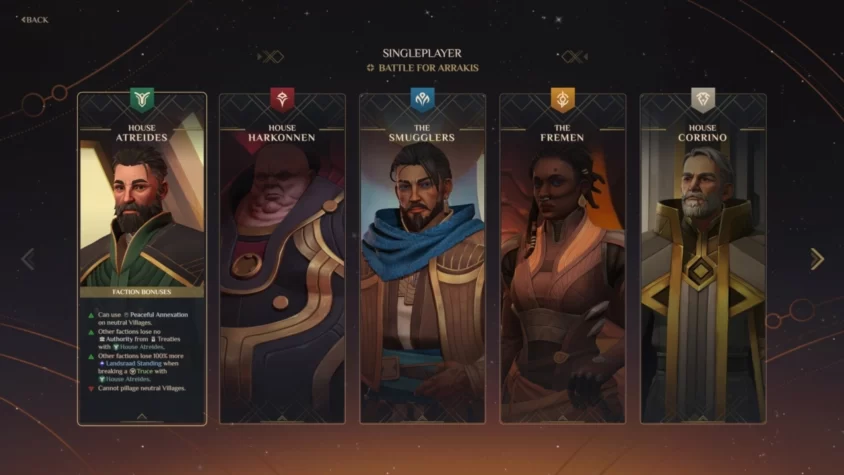 Геймплей Dune: Spice Wars — выбор фракции для борьбы за Арракис