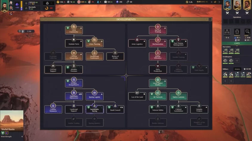 Геймплей Dune: Spice Wars — дерево технологий для развития на планете Арракис