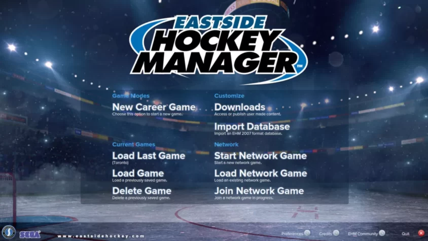 Меню игры Eastside Hockey Manager