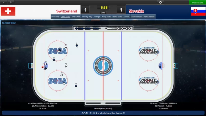 Тактический вид игры между Швейцарией и Словакией в Eastside Hockey Manager