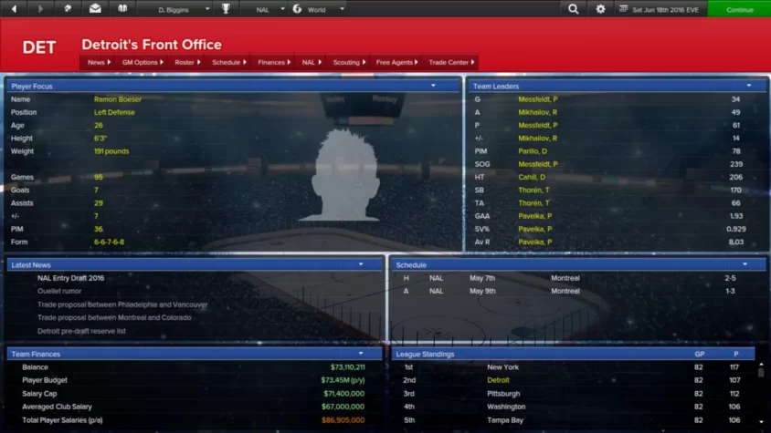 Профиль игрока в игре Eastside Hockey Manager