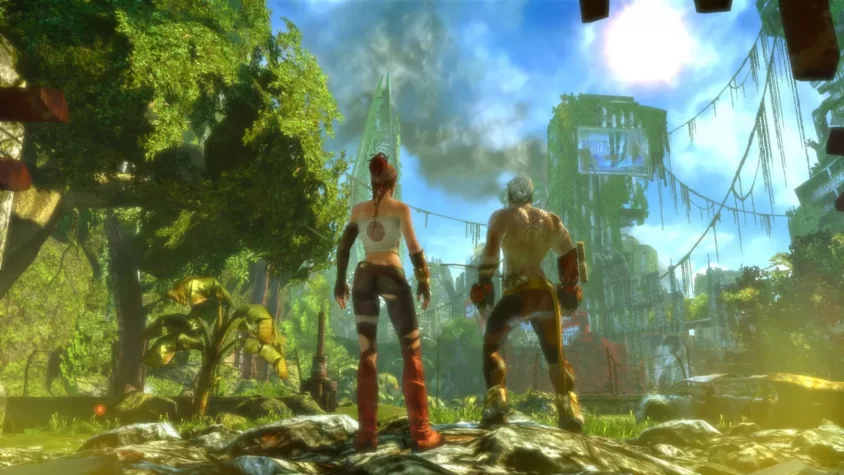 Персонажи из игры Enslaved: Odyssey to the West стоят спиной к зрителю, наблюдая за разрушенным городом в постапокалиптическом мире