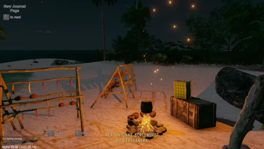 Ночной костер с сушащимися продуктами на острове в игре Escape the Pacific