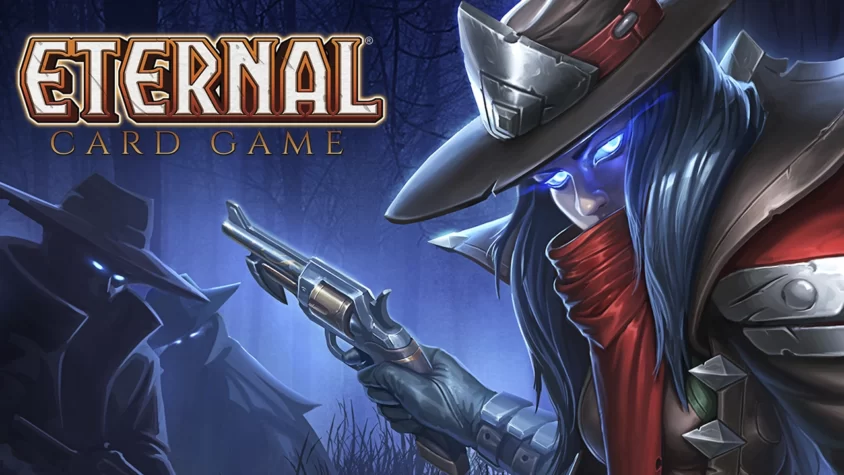 Обложка игры Eternal Card Game Обложка игры Eternal Card Game с персонажем в шляпе, держащим пистолет, на фоне темного леса