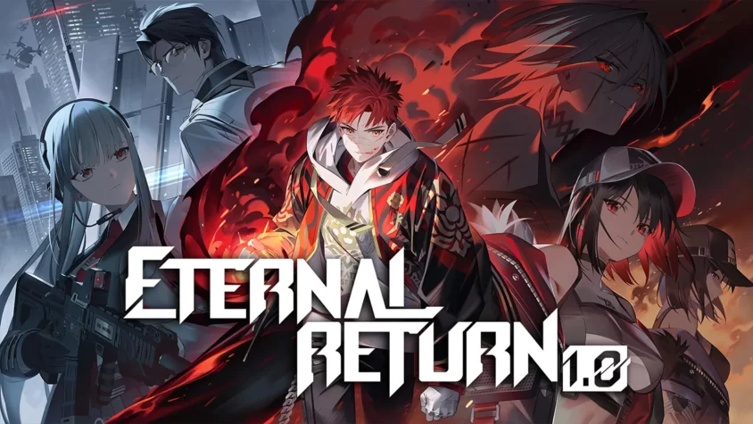 Обложка игры Eternal Return, на которой изображены главные персонажи, с ярким фоном и динамичным стилем