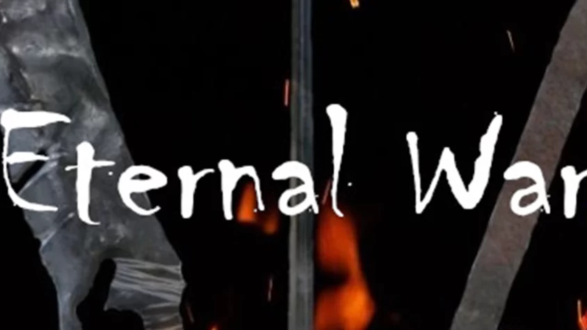 Обложка игры Eternal War, на которой изображены стилизованные элементы с огнем и холодным оружием