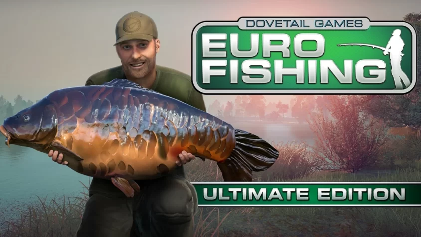 Обложка игры Euro Fishing с улыбающимся рыболовом и огромной рыбой