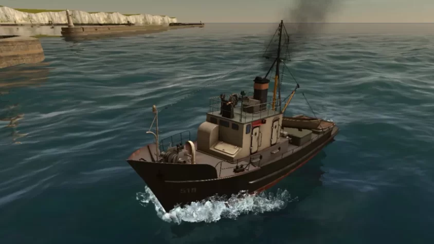Маленькое судно в игре European Ship Simulator с дымящимся трубом и видом на побережье