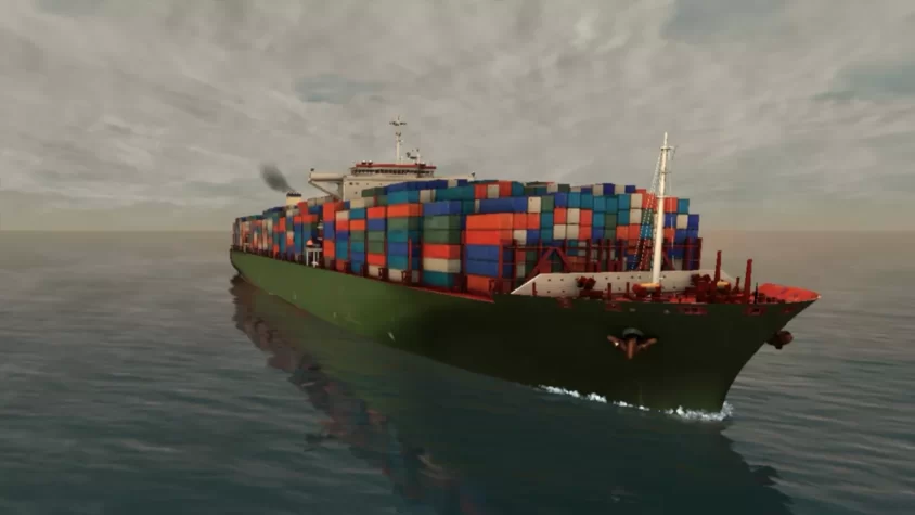 Контейнеровоз в игре European Ship Simulator с яркими коробками на фоне неба