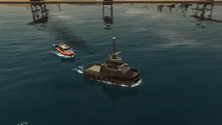 Два буксировщика в игре European Ship Simulator, один тянет другой, отражения на воде