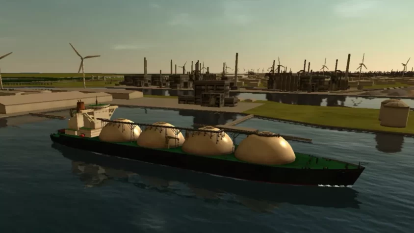 Газовоз с круглыми резервуарами на фоне промышленной зоны и ветряных турбин в игре European Ship Simulator