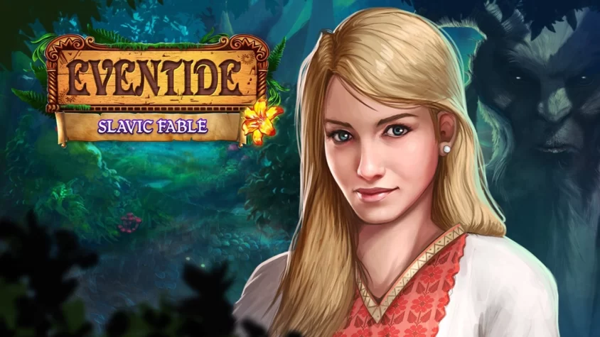 Eventide: Slavic Fable - Обложка игры Обложка игры Eventide: Slavic Fable, на которой изображена девушка с длинными светлыми волосами, на фоне леса и мистического существа