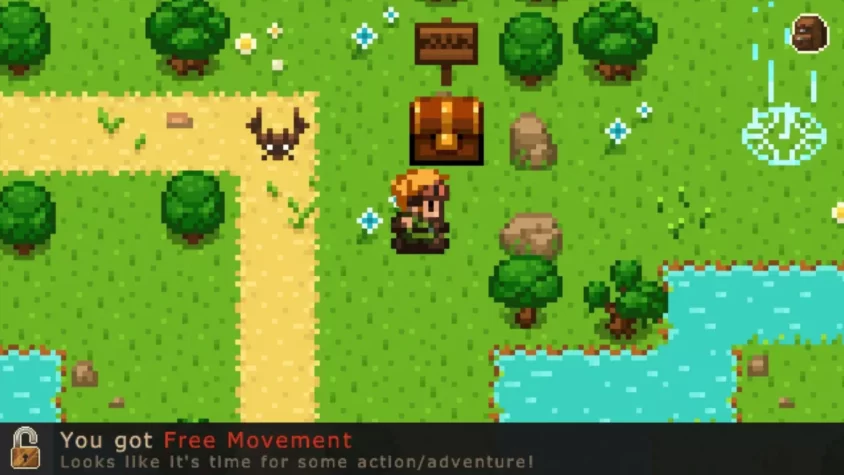 Пиксельный экран игры Evoland, показывающий свободное движение персонажа